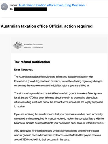 An example of a fake ATO tax credit scam. Picture: ACCC/Scamwatch