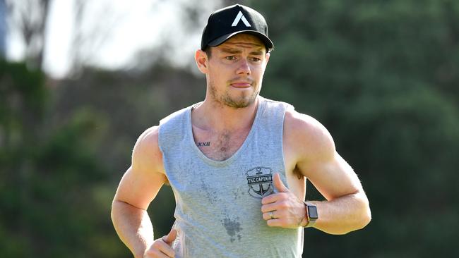 Lachie Neale training in isolation in early May. Picture: Darren England/AAP