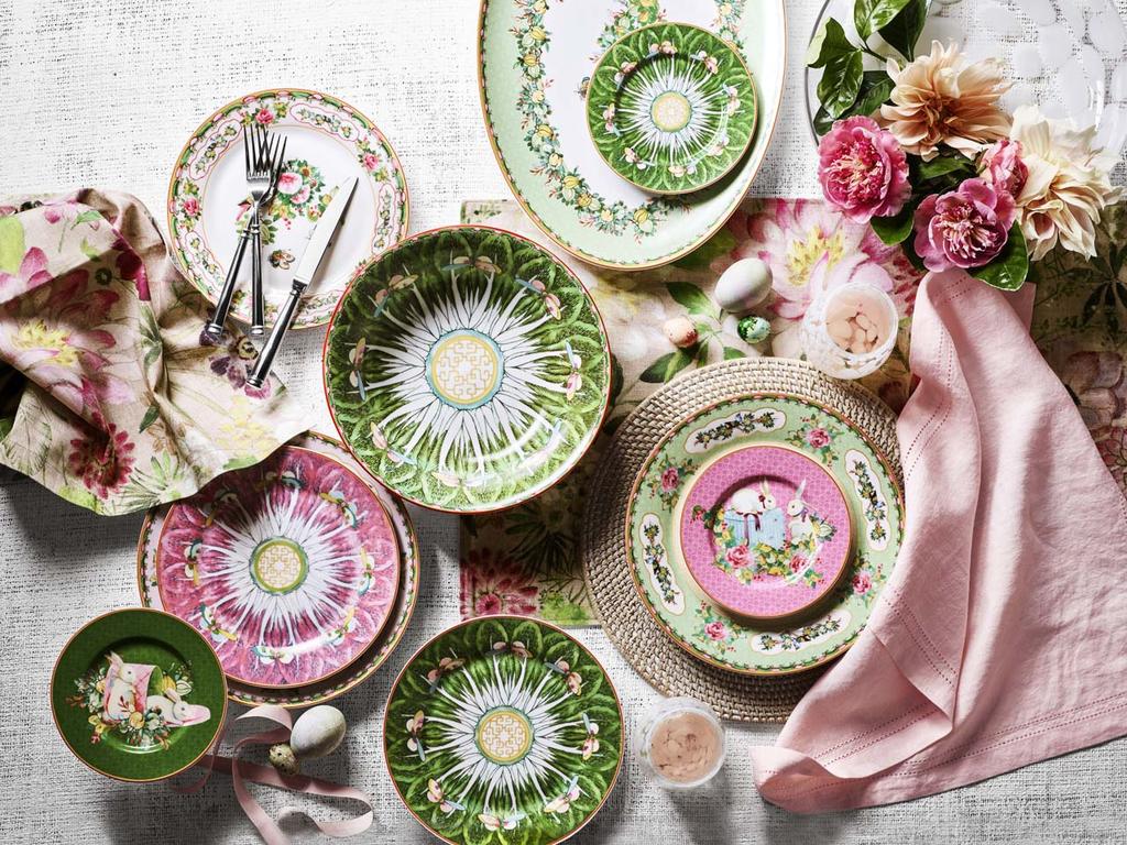 HOME TREND EASTER Famille Rose mixed salad plates, $22 each and appetiser plates, four for $56 from Williams Sonoma, williams-sonoma.com.au