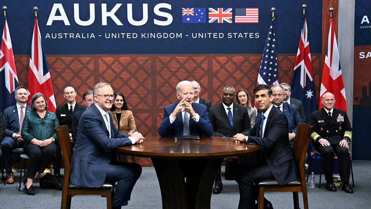 Australian Prime Minister Anthony Albanese, US President Joe Biden and British Prime Minister Rishi Sunak during this week’s AUKUS summit. Picture: Jim Watson/AFP