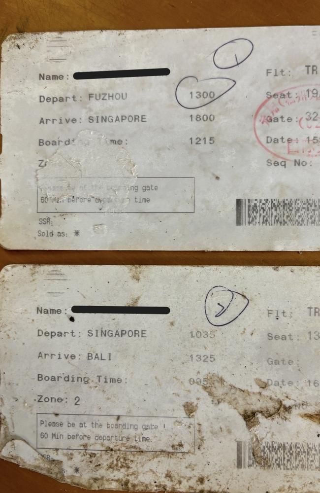 One of men left his flight tickets behind, showing he had departed from Fuzhou, southeastern China, back in September. Picture: Supplied.