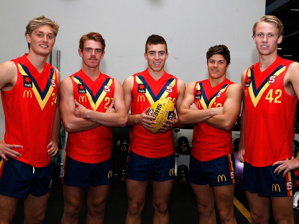 The SA U18 leadership group is: 34 Jackson Hately (Central District), 42 Jack Lukosius (Woodville-West Torrens), 32 Luke Valente (Norwood), captain, 27 Jez McLennan (Central District), 16 Tom Lewis (Sturt). Picture: Deb Curtis