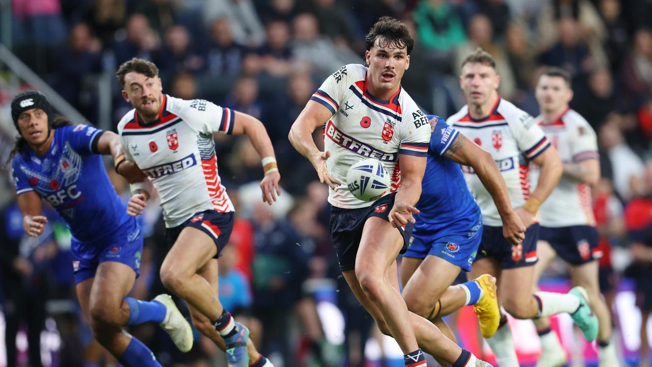 LEEDS, ENGLAND - NOVEMBER 2: England's Herbie Farnsworth in action during the Autumn International Series test match between England and Samoa at Headingley Stadium on November 2, 2024 in Leeds, England. (Photo by Ed Sykes/Getty Images)