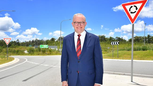 Anthony Albanese near the Bruce Highway in Gympie in January, announcing $7.2bn in highway funding for Queensland’s major road. Picture: John Gass