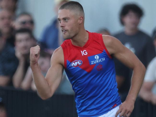 MELBOURNE, AUSTRALIA - FEBRUARY 28: Josh Schache of the Demons celebrates kicking a goal during the 2024 AFL Community Series match between Carlton Blues and Melbourne Demons at Ikon Park on February 28, 2024 in Melbourne, Australia. (Photo by Daniel Pockett/Getty Images)