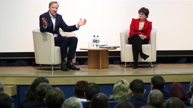 Alex Younger, chief of the British Secret Intelligence Service — with St Andrews University Professor Sally Mapstone after a speech in Scotland. Picture: Getty