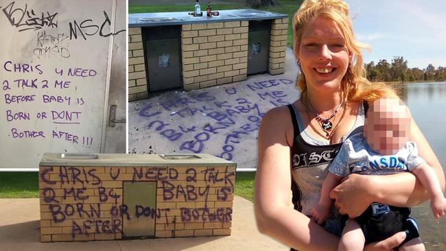 Stacey Currie with her baby. Insets: Graffiti calling for Chris to come forward. Digitally altered picture: Supplied/Frankston Community Noticeboard