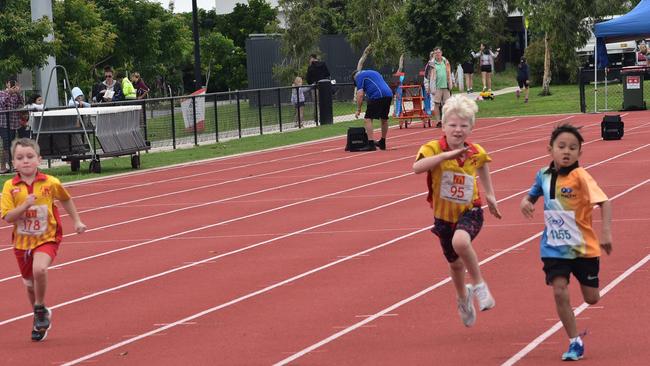 Braxten Boulton, Ezekiel Harrington and Brodie Lamb in the Under-7 boys 100 metre sprint at Mackay Athletics Club’s Track and Field Carnival 2022. Picture: Max O'Driscoll.