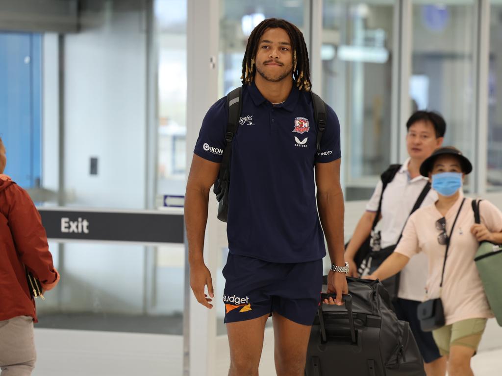 Dominic Young arrives at Sydney Airport ahead of the flight to the US. Picture: Rohan Kelly