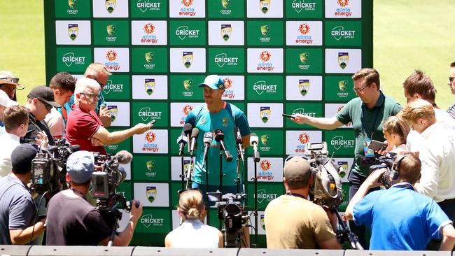 David Warner speaks to media in Melbourne, Australia. (Photo by Kelly Defina/Getty Images)