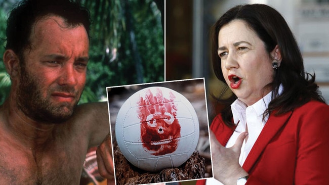 Tom Hanks in the movie Cast Away, left, and his best mate, Wilson the soccer ball, inset. Even Wilson may have shown more empathy than Queensland Premier Annastacia Palaszczuk. Pictures: