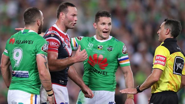 Boyd Cordner and Jarrod Croker argue the call with referee Gerard Sutton during the 2019 NRL grand final. Picture: Getty Images