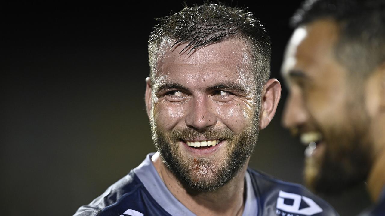 MACKAY, AUSTRALIA - FEBRUARY 26: Kyle Feldt of the Cowboys smiles after winning the NRL Trial match between the North Queensland Cowboys and the Brisbane Broncos at BB Print Stadium on February 26, 2022 in Mackay, Australia. (Photo by Ian Hitchcock/Getty Images)