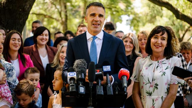 Labor Leader Peter Malinauskas speaking among colleagues and family with Deputy Leader Susan Close announcing the start of his state election campaign at Pinkie Flat. Picture: Morgan Sette