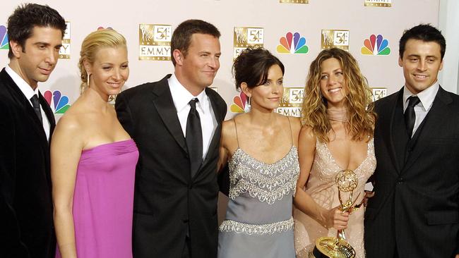 The cast of Friends in 2002. From left: David Schwimmer, Lisa Kudrow, Mathew Perry, Courteney Cox, Jennifer Aniston, and Matt LeBlanc. Picture: AFP