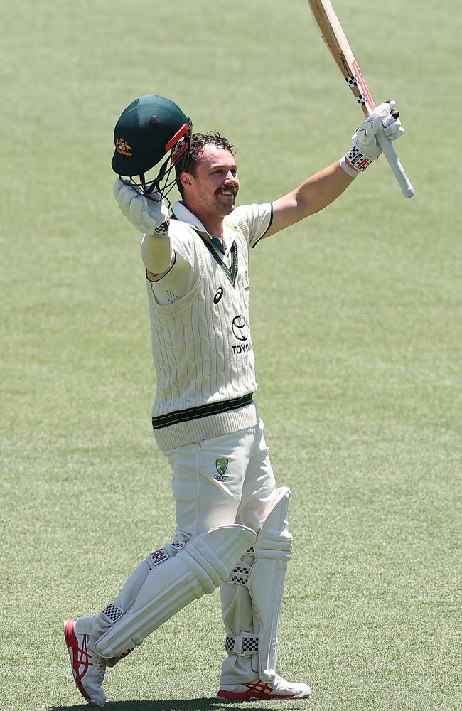 Travis Head celebrates his seventh Test century. Picture: Paul Kane/Getty Images