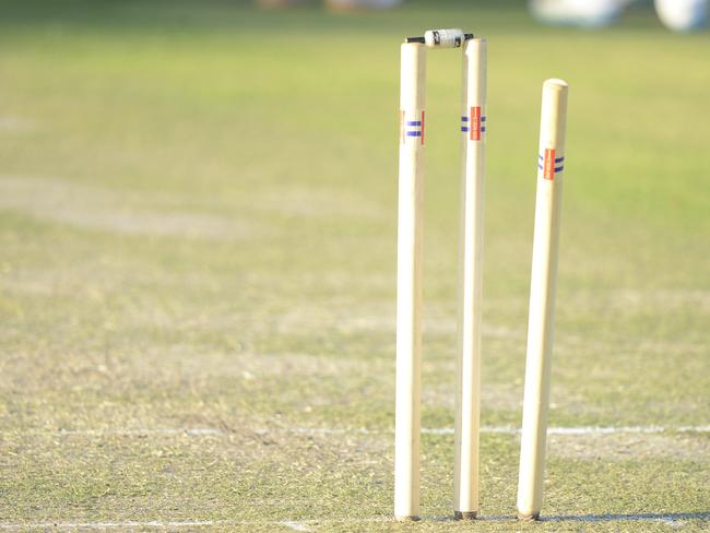 Cricket stumps are broken during the Cleavers Mechanical Night Cricket Round 17 clash between GDSC Easts and Westlawn at McKittrick Park. cricket stumps generic