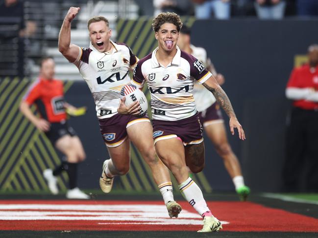 LAS VEGAS, NEVADA - MARCH 02: BillyÃ&#130;Â Walters of the Broncos celebrates as Reece Walsh of the Broncos crosses to score a try during the round one NRL match between Sydney Roosters and Brisbane Broncos at Allegiant Stadium, on March 02, 2024, in Las Vegas, Nevada. (Photo by Ezra Shaw/Getty Images)