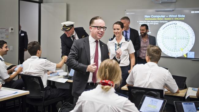 Qantas CEO Alan Joyce speaks to student pilots at the new training academy in Toowoomba.