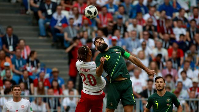 Mile Jedinak contests the ball in defence for the Socceroos. Picture: Toby Zerna