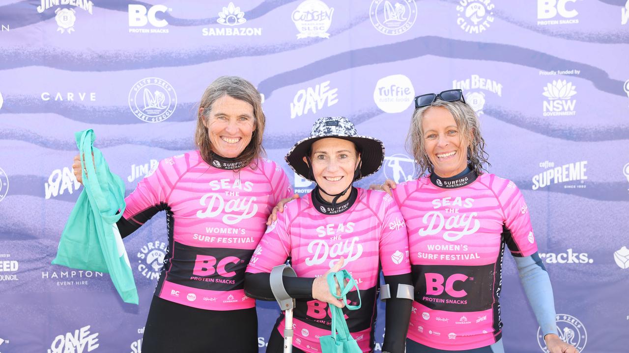 Pam Burridge, Emma Dieters and Kate Wilcomes at Seas The Day Womens Surf Festival at Kingscliff for Gold Coast at Large. Picture, Portia Large.