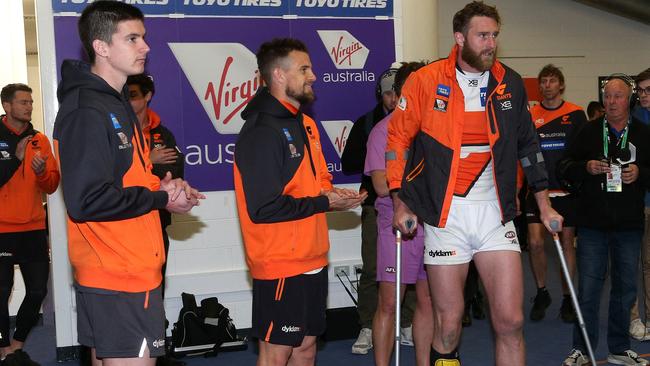 Injured GWS Giants players Sam Taylor, Brett Deledio and Dawson Simpson.