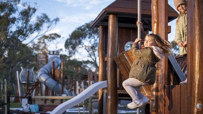 Willow and Wynter at the Wilfred Taylor Reserve nature playground. Picture: Onkaparinga Council