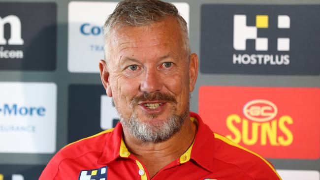 GOLD COAST, AUSTRALIA - MAY 18: Gold Coast Suns Chief Executive Mark Evans speaks to the media at Metricon Stadium on May 18, 2020 in Gold Coast, Australia. (Photo by Chris Hyde/Getty Images)