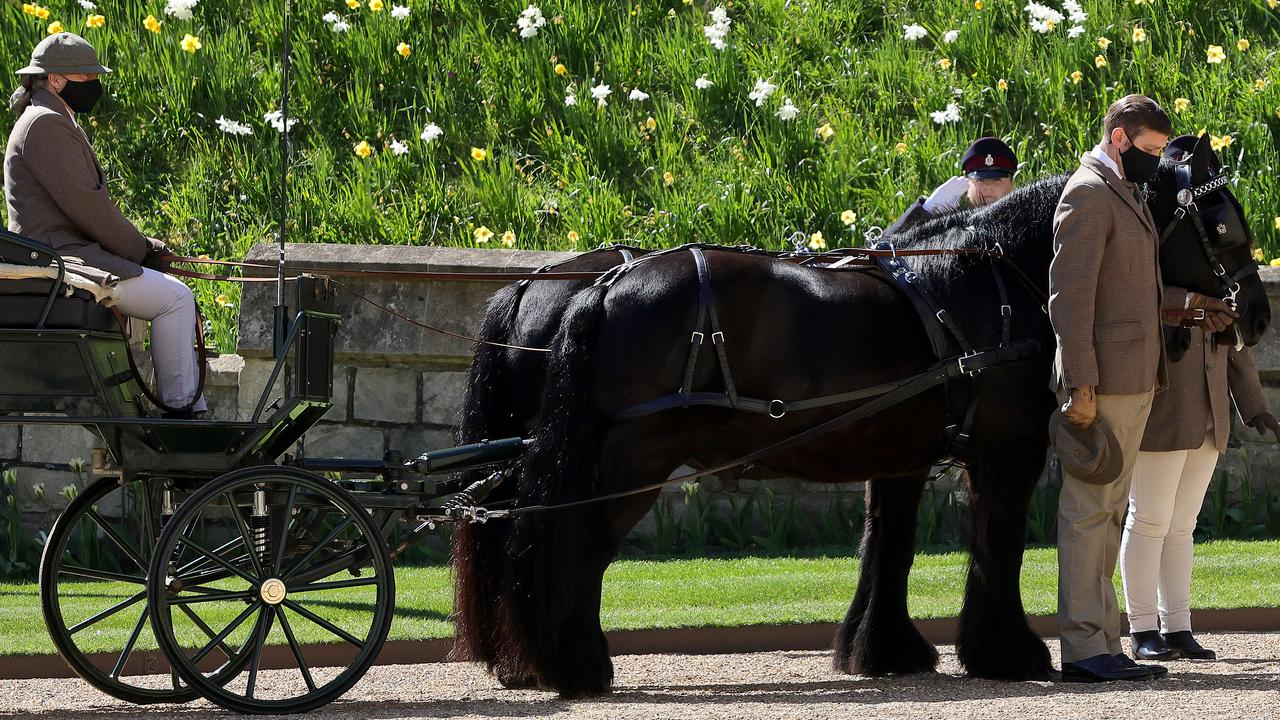 Prince Philip’s carriage and two ponies at his funeral. Picture: Getty Images