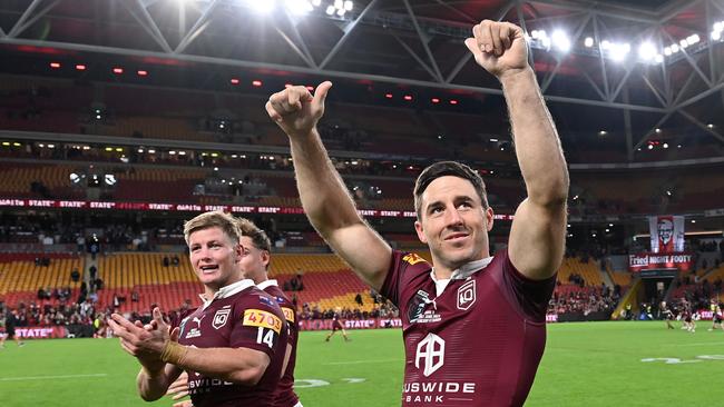 Harry Grant and Ben Hunt celebrate Queensland’s victory in game two of the State of Origin series at Suncorp Stadium. Picture: Getty Images