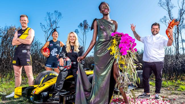 Jack Riewoldt, Darcy Vescio, Jessie Murphy, Ajak Deng and Alejandro Saravia get set for Mad March. Picture: Jake Nowakowski