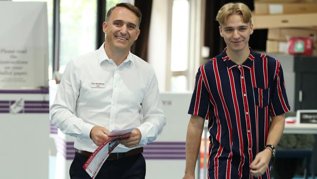 Election in the seat of Forde. Labor candidate for Forde Des Hardman casting his vote with son Julian, 18, Shailer Park State High School. Picture: Liam Kidston.