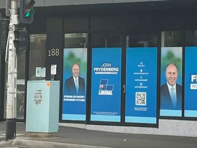 Josh Frydenberg banners before they were taken off a building in Kooyong. Picture: Sky News