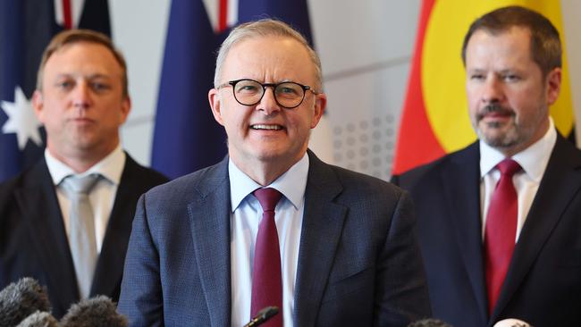 Anthony Albanese with Queensland Premier Steven Miles, left, and Industry Minister Ed Husic. Picture: NCA NewsWire/Tertius Pickard