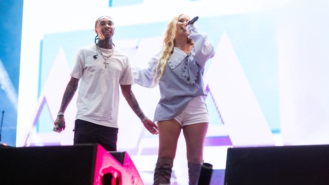 Tyga and Iggy perform at the rap-focused Jumanji Festival at the Melbourne Showgrounds last night. Picture: Ben Symons.