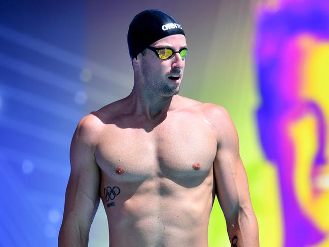James Magnussen is seen on the blocks before his heat of the mens 100 metre Freestyle during day two of the 2018 Australian Swimming Trials at the Gold Coast Aquatic Centre at Southport on the Gold Coast, Thursday, March 1, 2018. (AAP Image/Darren England) NO ARCHIVING, EDITORIAL USE ONLY