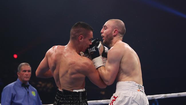 Tim Tszyu gets an uppercut through Joel Camilleri’s defence. Picture: Brett Costello