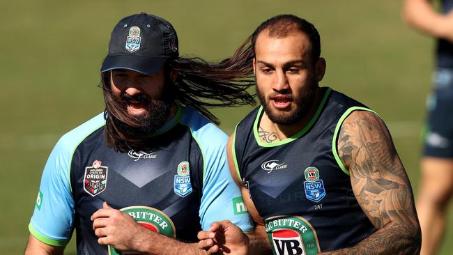 Aaron Woods and Blake Ferguson during warm up drills for the NSW Blues Origin team training session at the Novotel Pacific Bay Resort , Coffs Harbour .Picture : Gregg Porteous