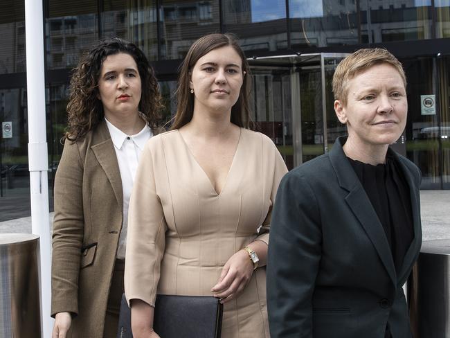 Brittany Higgins (middle) at the Magistrates Court in Canberra. Picture: Gary Ramage