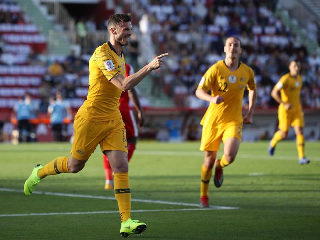 DUBAI, UNITED ARAB EMIRATES - JANUARY 11:  Apostolos Giannou of Australia celebrates after scoring his team's third goal during the AFC Asian Cup Group B match between Palestine and Australia at Rashid Stadium on January 11, 2019 in Dubai, United Arab Emirates. (Photo by Francois Nel/Getty Images)