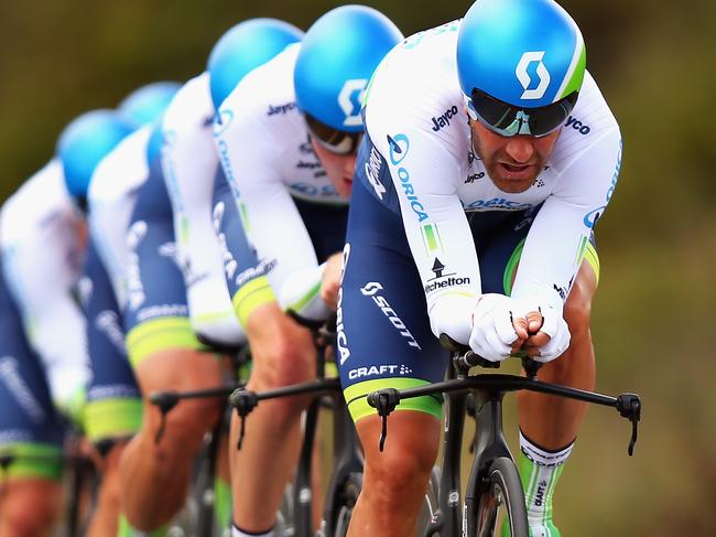 PONFERRADA, SPAIN - SEPTEMBER 21: Svein Tuft of Canada leads his Orica GreenEDGE team in the Elite Men's Team Time Trial on day one of the UCI Road World Championships on September 21, 2014 in Ponferrada, Spain. (Photo by Bryn Lennon/Getty Images)