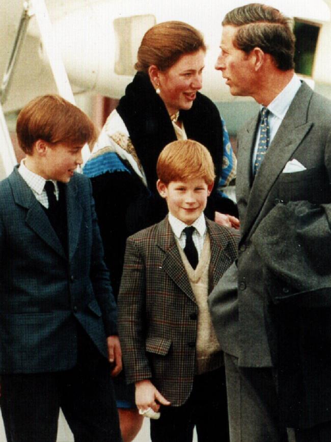 Prince Charles with sons Prince William and Prince Harry and their nanny Tiggy Legge-Bourke in 1994. Picture: Supplied