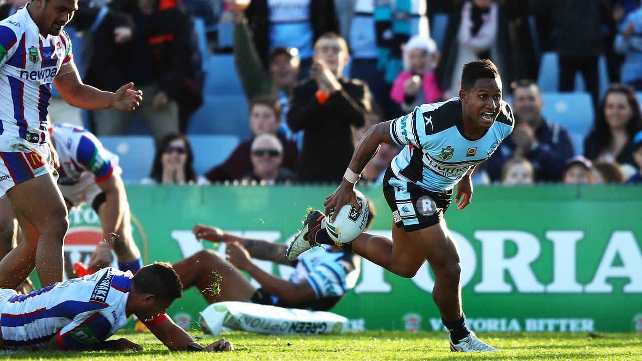 Cronulla's Ben Barba celebrates after scoring his second try during the Cronulla v Newcastle rugby league game at Shark Park, Cronulla. Picture Brett Costello