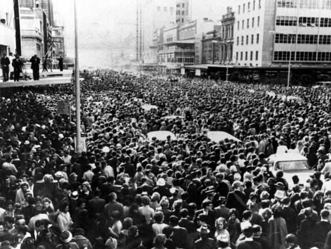 Pop band The Beatles visit Adelaide in June 1964 - Crowd in King William Street for Town Hall welcome.