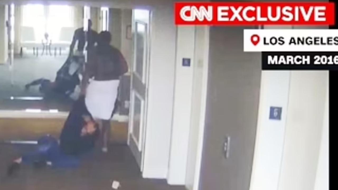 The disturbing video shows Diddy, dressed in a towel, chasing down and attacking Cassie in a hotel corridor. Picture: CNN