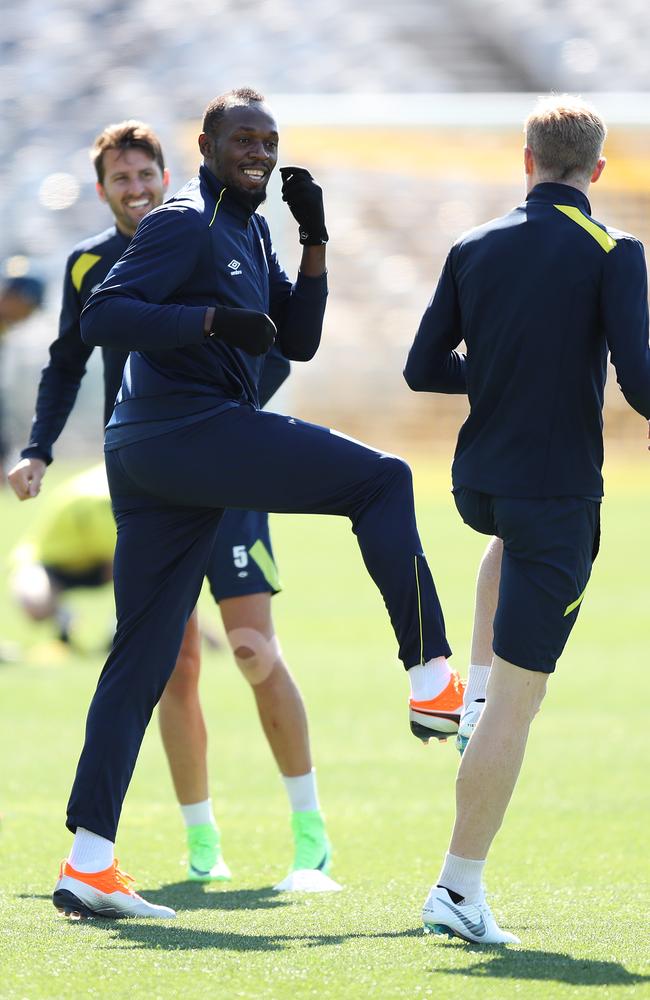 Usain Bolt during his first training session with the Mariners. Picture: Brett Costello