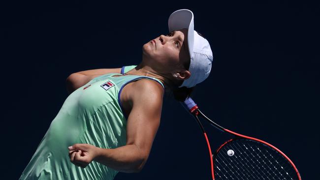 Ash Barty cranks up a serve during her win over Petra Kvitova. Picture: Michael Klein