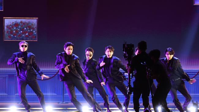 RM, V, Jimin, Jungkook and Suga of K-pop band BTS perform onstage during the 64th Annual Grammy Awards. Picture: Rich Fury/Getty Images for The Recording Academy.