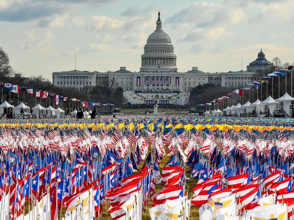 Flags line the National Mall in front of the US Capitol where in inauguration ceremony was held. Picture: AFP