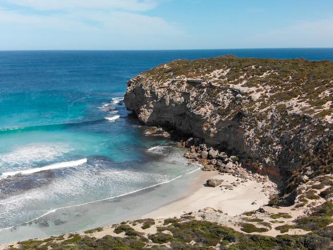 Pennington Bay is a wonderful beach in Kangaroo Island, South Australia. Aerial view from drone.